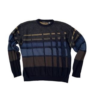 Cotton Reel geometric pattern merino wool blend knit sweater brown blue tonal XL